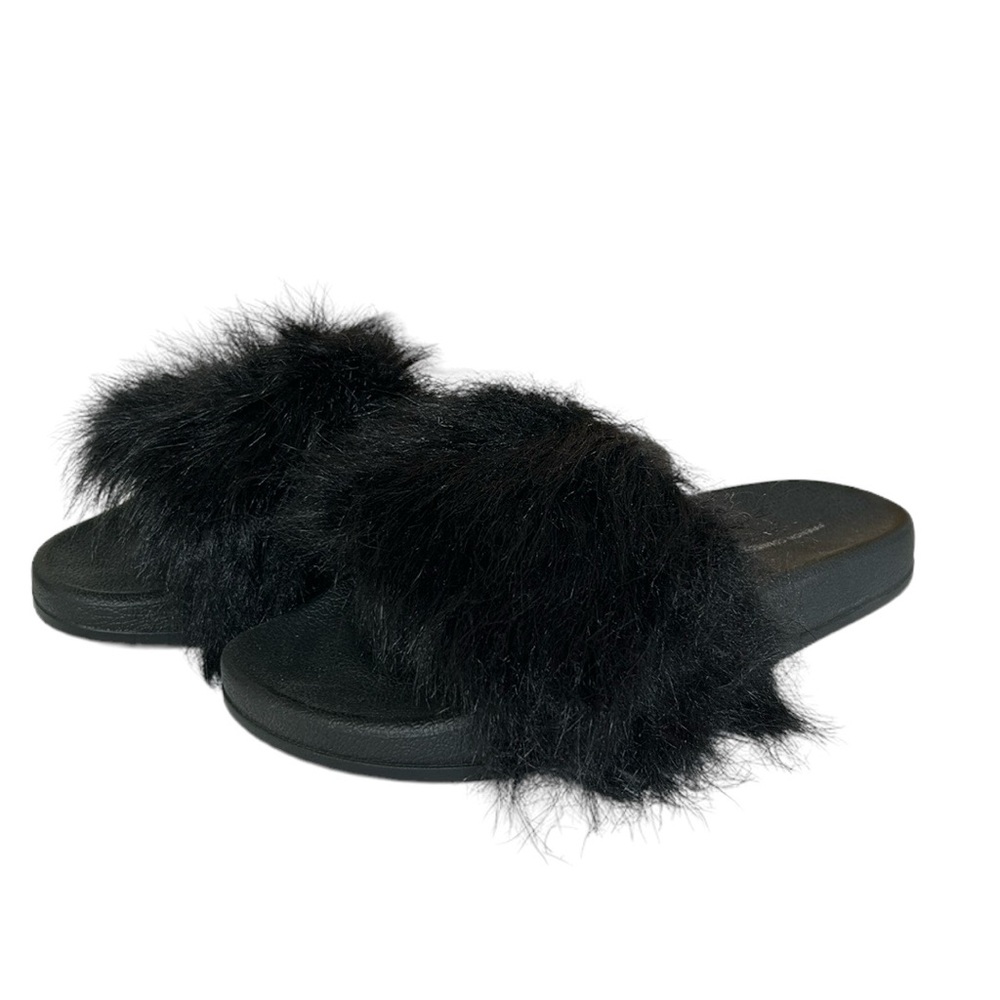 French Connection Long Faux Fur Slider Slides Slip On Sandals in Cruz Black 8